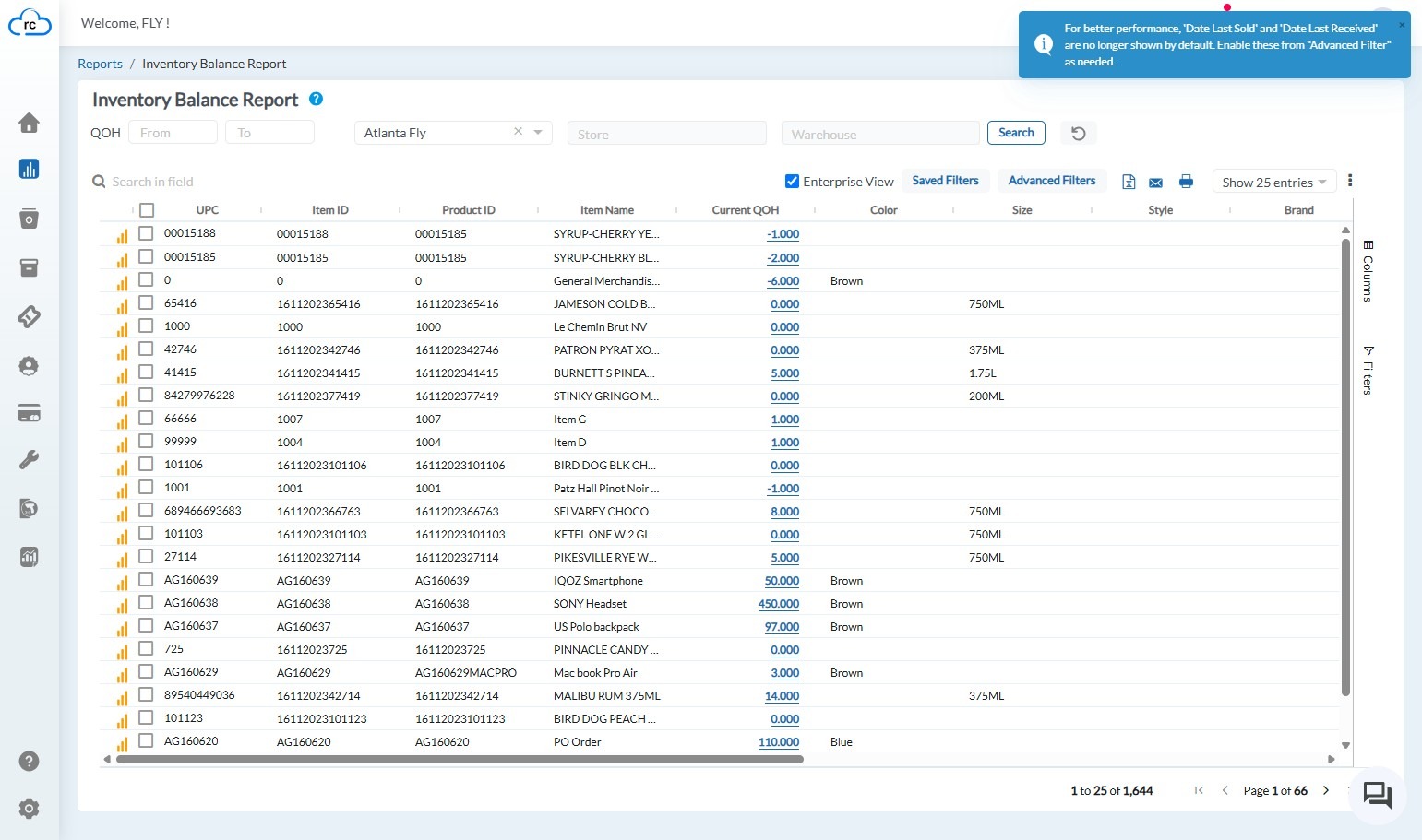 Use the available filter options within the report interface to set up your desired view. For example, in the Inventory Balance Report, you might select a specific 'Venue' or apply other criteria.