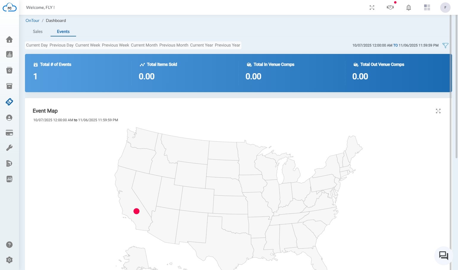 Upon selecting the 'Events' tab, you will see a summary of key metrics including 'Total # of Events', 'Total Items Sold', 'Total In Venue Comps', and 'Total Out Venue Comps'. Above these stats, you can select filters for 'Day', 'Month', '6 Months', and 'Year' to refine the data displayed.
