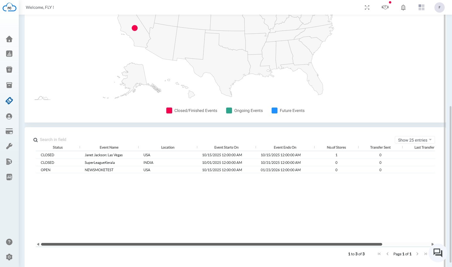 Each column provides specific insights: 'Status' indicates if an event is open or closed. 'Event Name' and 'Location' identify the event and its venue. 'Dates' show the event's duration. '# of Stores' indicates active sales locations. 'Transfers Sent' and 'Timestamp of Last Transfer' reflect product movement and sales activity. 'Reorder Report' highlights low stock situations.