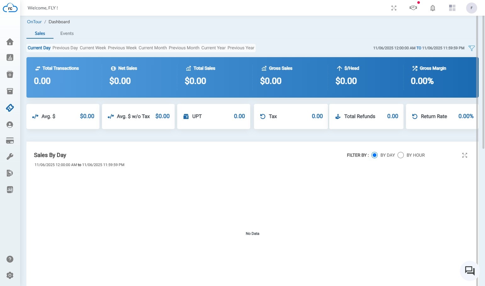 From the main dashboard view, click on the 'Events' tab, which is located to the right of the 'Sales' tab.