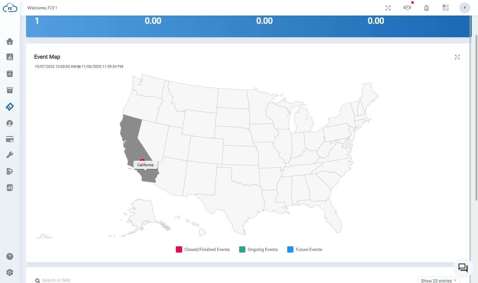 Below the quick stats, an interactive map of the United States displays events as colored bubbles. The size of each bubble corresponds to the inventory allocated to that event. The color of the bubble indicates the event's status: Red for closed/finished events, Green for ongoing events, and Blue for future events. Hovering over a bubble reveals event details such as 'Event Location Name' and 'Gross Sales Total' for closed events.