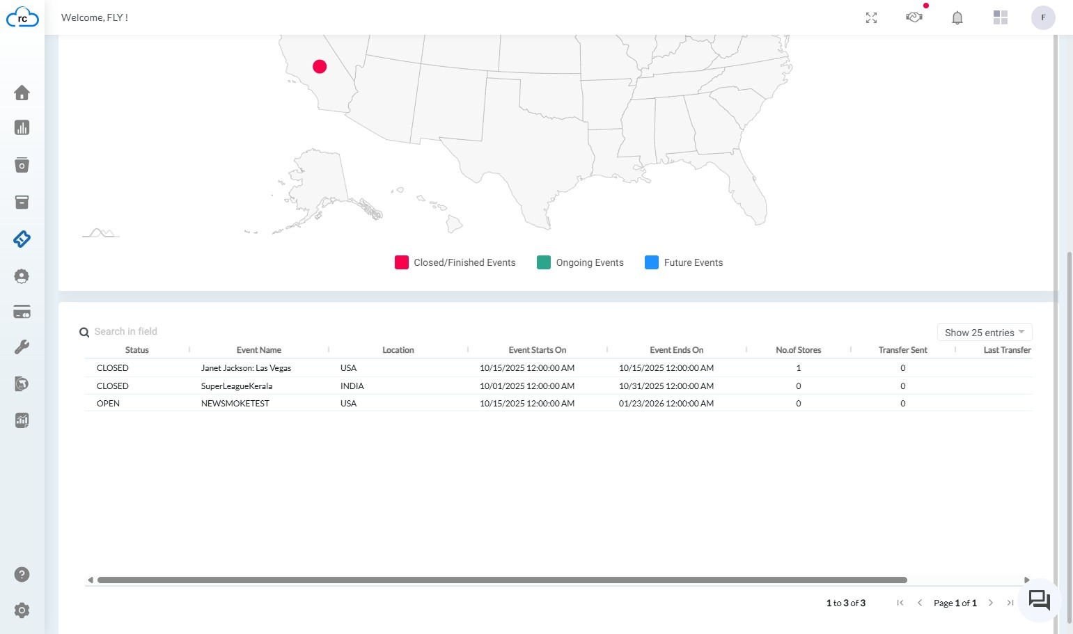 Scrolling down from the Event Map reveals a detailed grid containing information about each event. The columns include 'Status', 'Event Name', 'Location', 'Dates', '# of Stores', 'Transfers Sent', 'Timestamp of Last Transfer', and 'Reorder Report'.