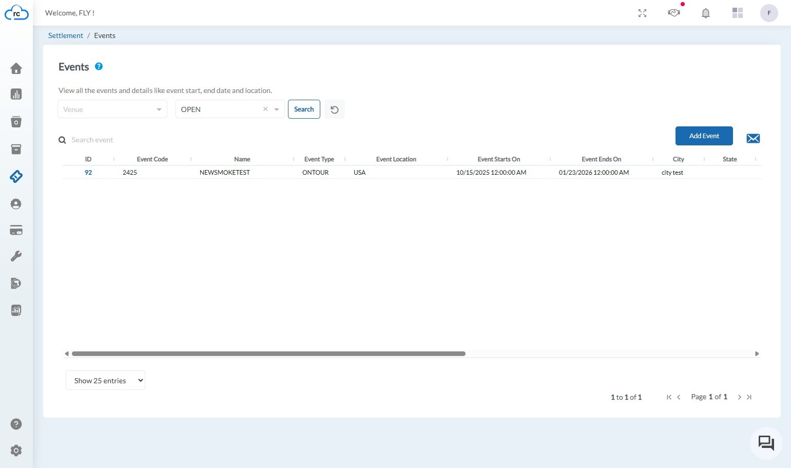From the main console dashboard, locate and click on the 'Events' option in the left navigation sidebar to view a list of all events.