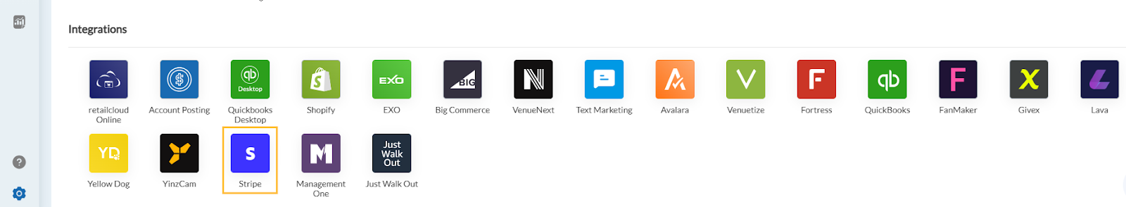 Various integration options displayed, including QuickBooks, Shopify, and Stripe icons.