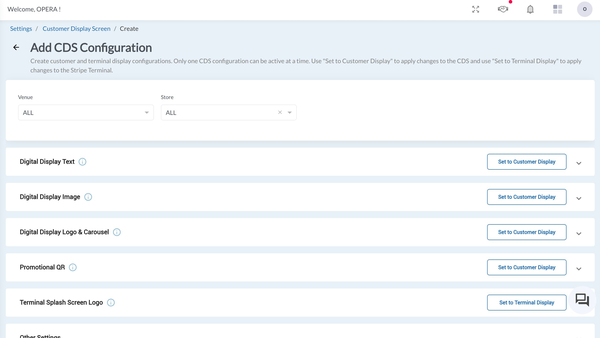 Figure 3: Add CDS Configuration — showing Venue/Store scope, all four CDS display types, and the Terminal Splash Screen section