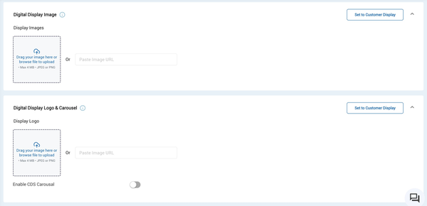 Figure 5: Digital Display Image (top) and Digital Display Logo & Carousel (bottom) — both showing upload area and URL paste option